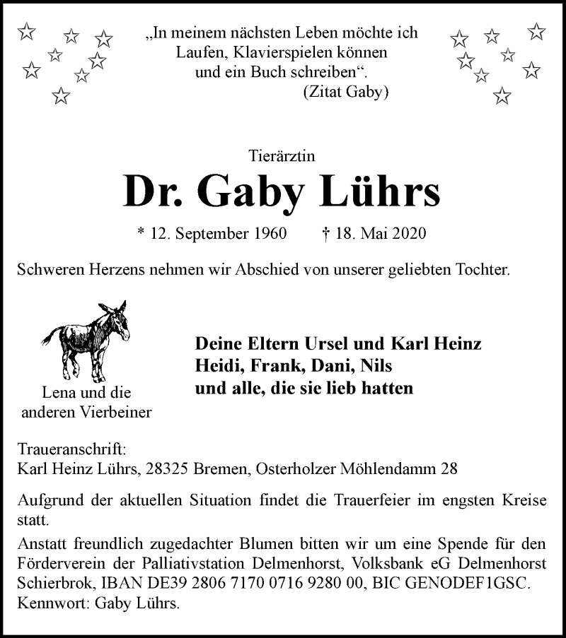 Traueranzeige von Gaby Lührs von WESER-KURIER