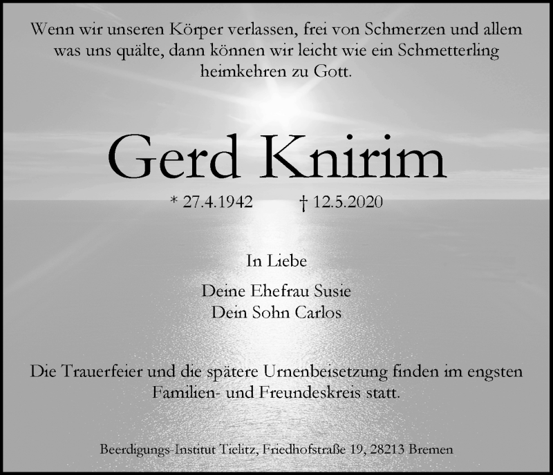 Traueranzeige von Gerd Knirim von WESER-KURIER