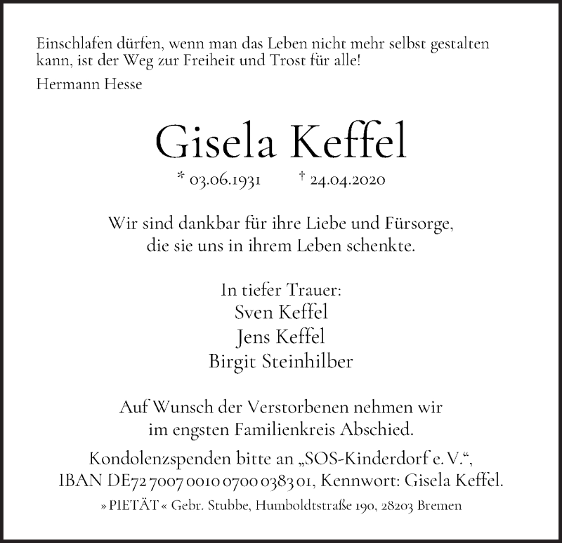 Traueranzeige von Gisela Keffel von WESER-KURIER