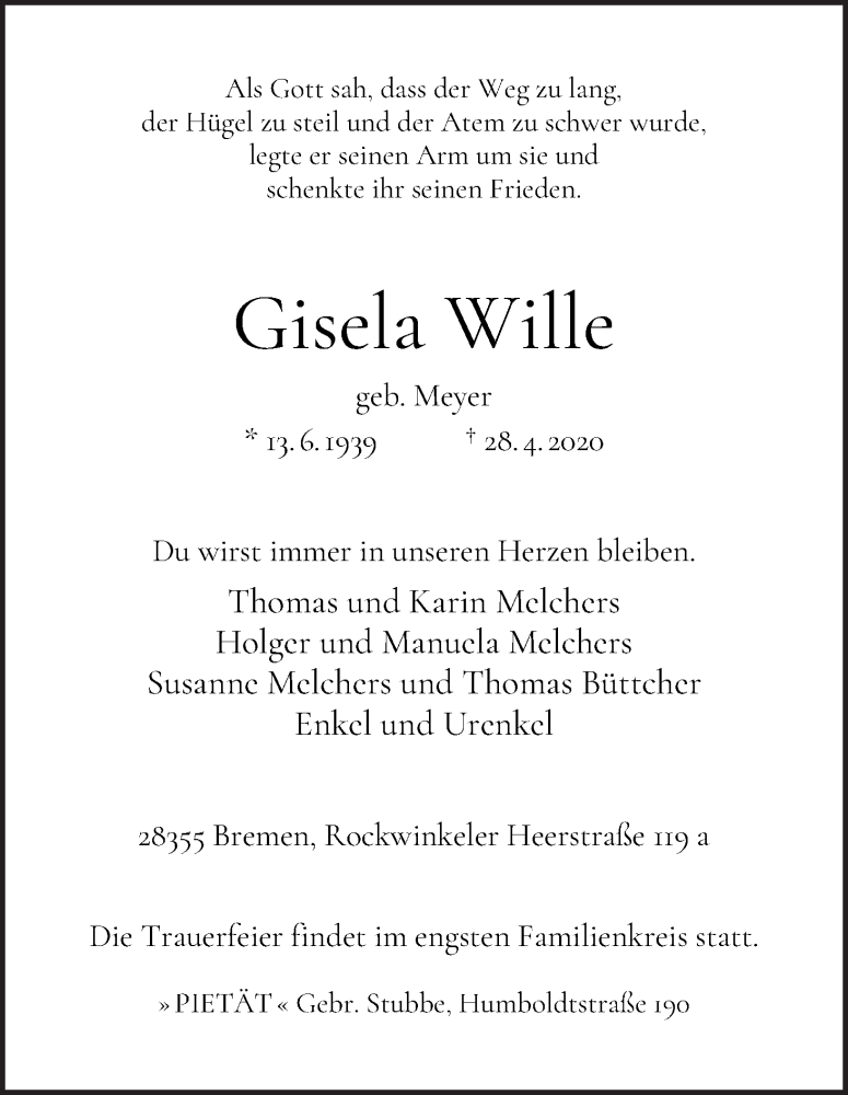 Traueranzeige von Gisela Wille von WESER-KURIER