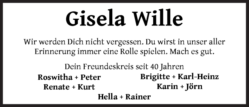 Traueranzeige von Gisela Wille von WESER-KURIER