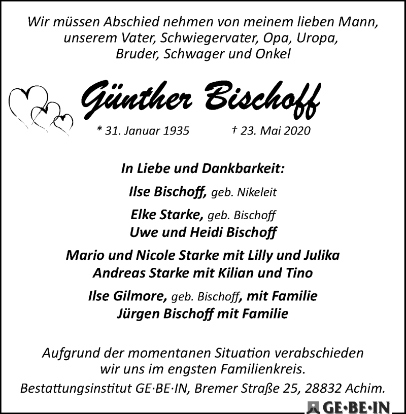 Traueranzeige von Günther Bischoff von WESER-KURIER