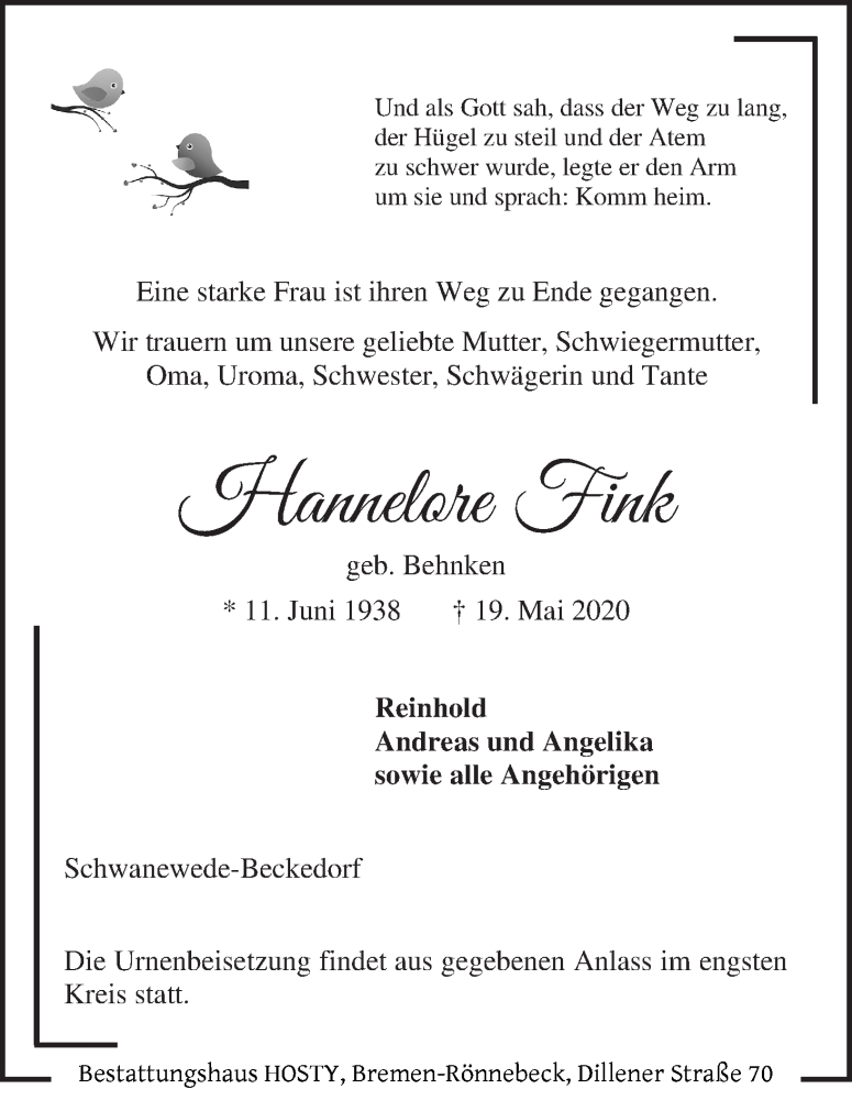 Traueranzeige von Hannelore Fink von Die Norddeutsche
