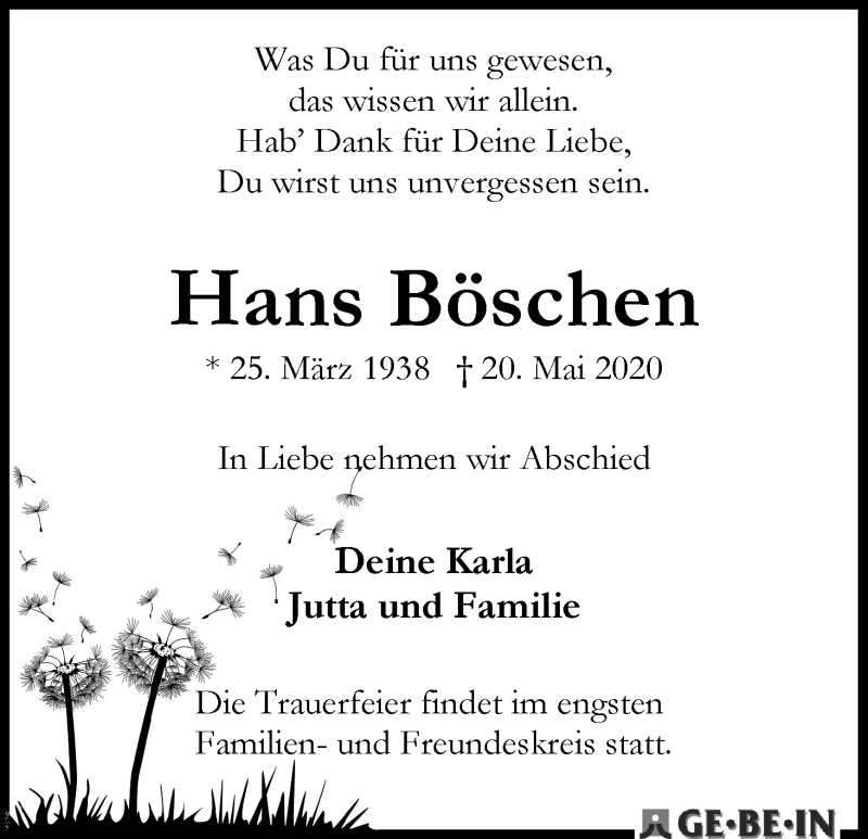 Traueranzeige von Hans Böschen von WESER-KURIER