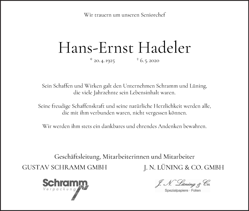 Traueranzeige von Hans-Ernst Hadeler von WESER-KURIER