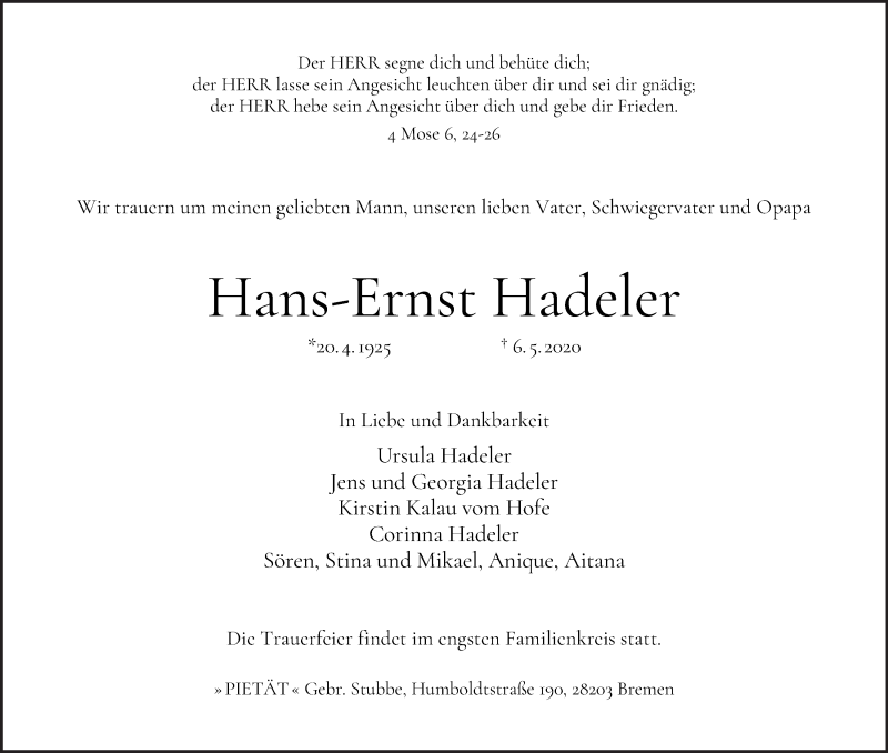 Traueranzeige von Hans-Ernst Hadeler von WESER-KURIER