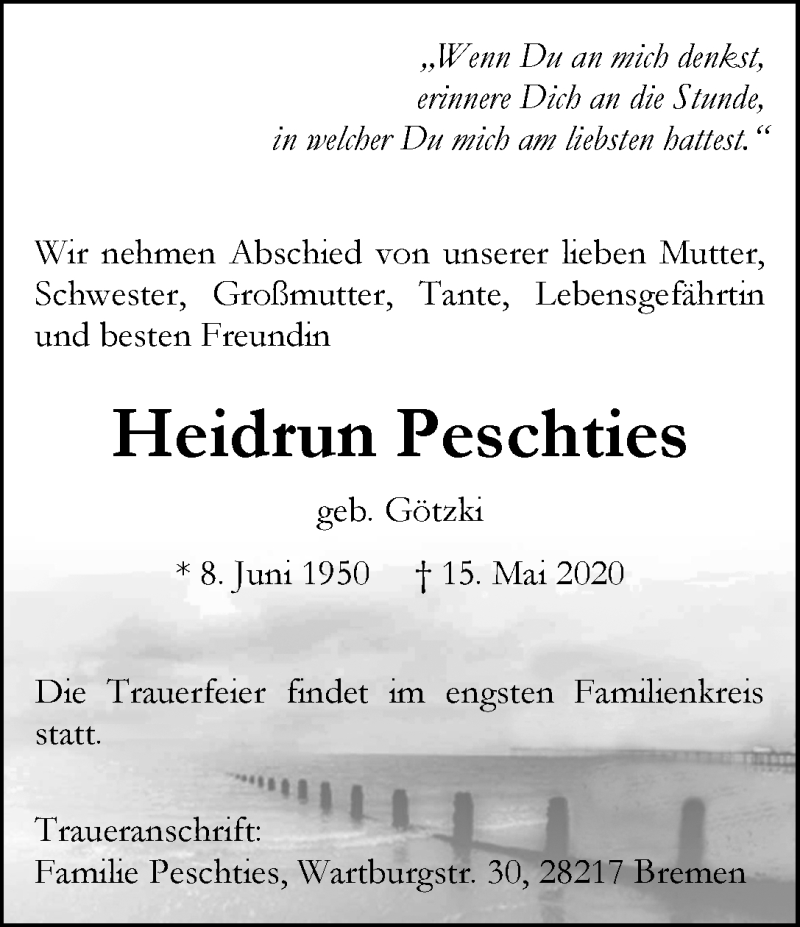 Traueranzeige von Heidrun Peschties von WESER-KURIER