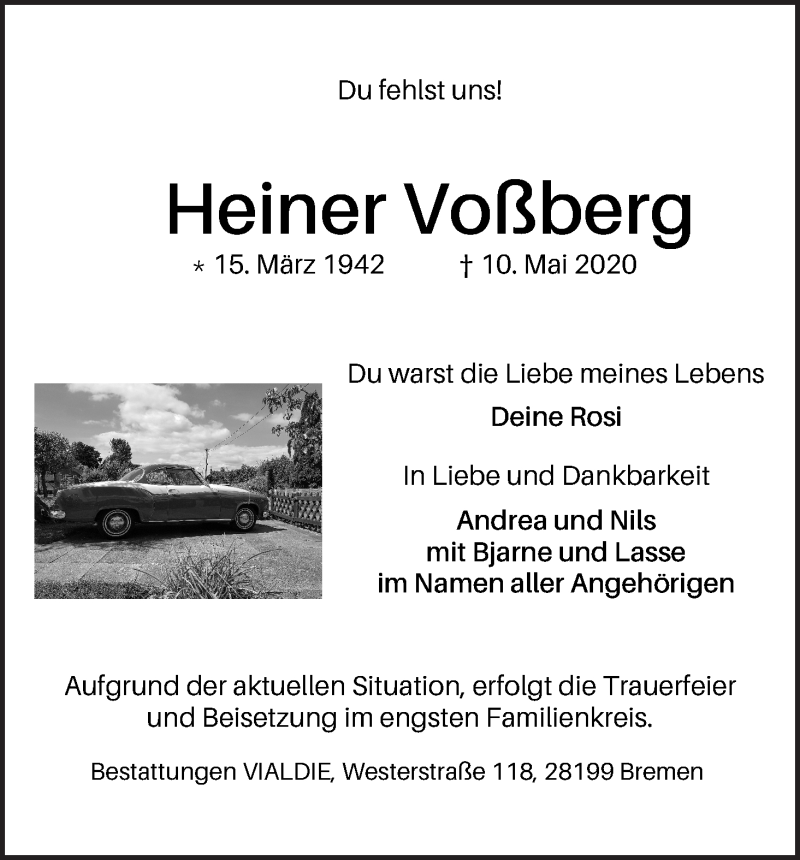 Traueranzeige von Heiner Voßmann von WESER-KURIER