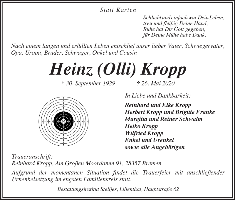 Traueranzeige von Heinz (Olli) Kropp von Wuemme Zeitung