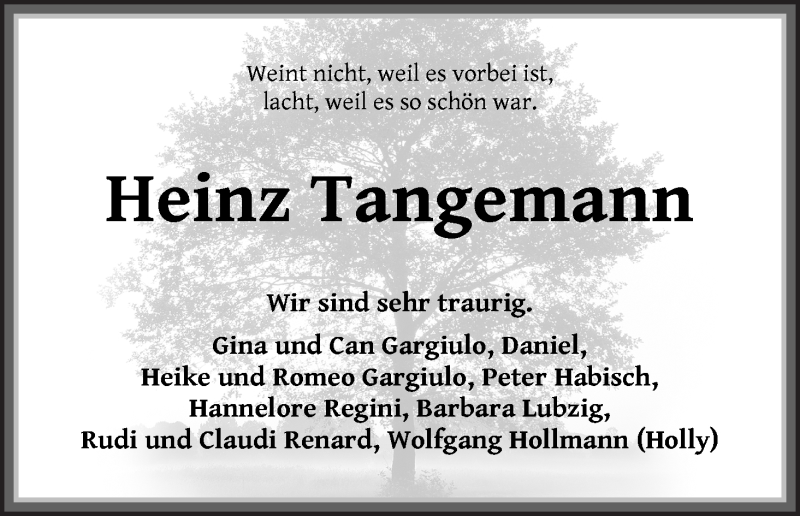 Traueranzeige von Heinz Tangemann von WESER-KURIER
