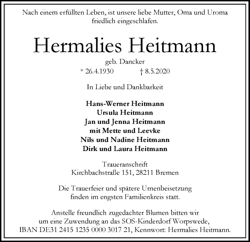 Traueranzeige von Hermalies Heitmann von WESER-KURIER
