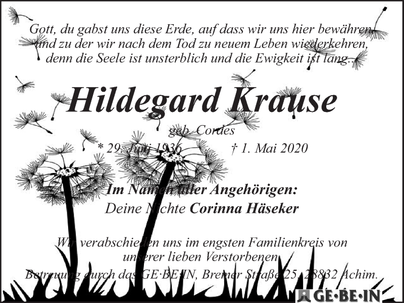 Traueranzeige von Hildegard Krause von WESER-KURIER