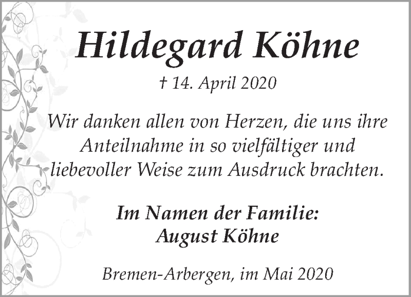 Traueranzeige von Hildegard Köhne von WESER-KURIER