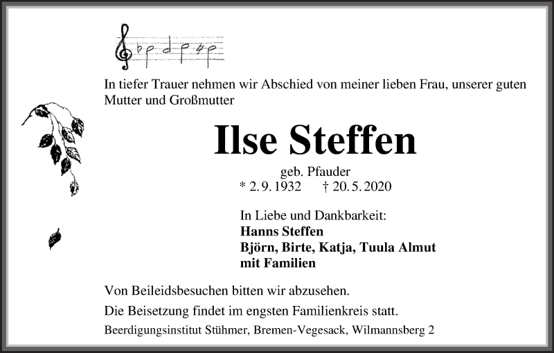 Traueranzeige von Ilse Steffen von Die Norddeutsche