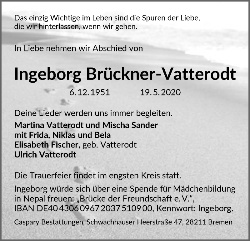 Traueranzeige von Ingeborg Brückner-Vatterodt von WESER-KURIER