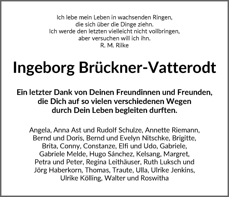Traueranzeige von Ingeborg Brückner-Vatterodt von WESER-KURIER