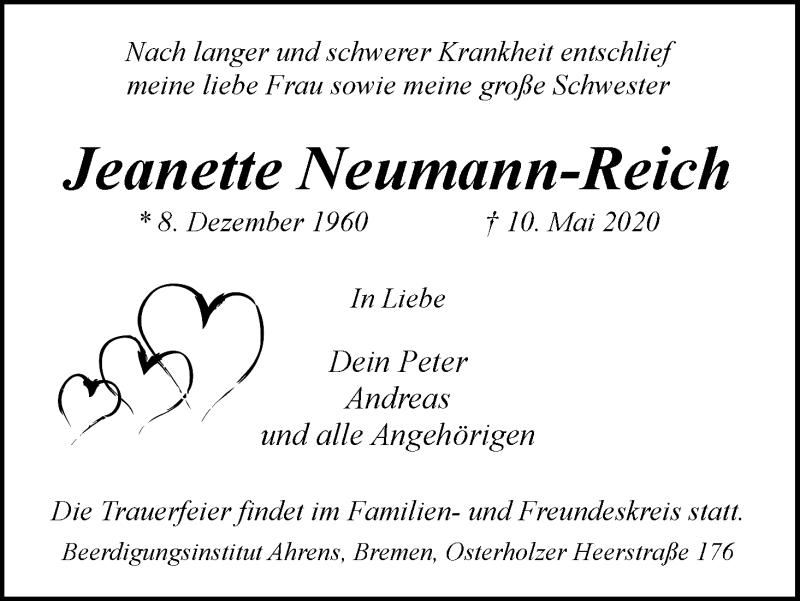 Traueranzeige von Jeanette Neumann-Reich von WESER-KURIER