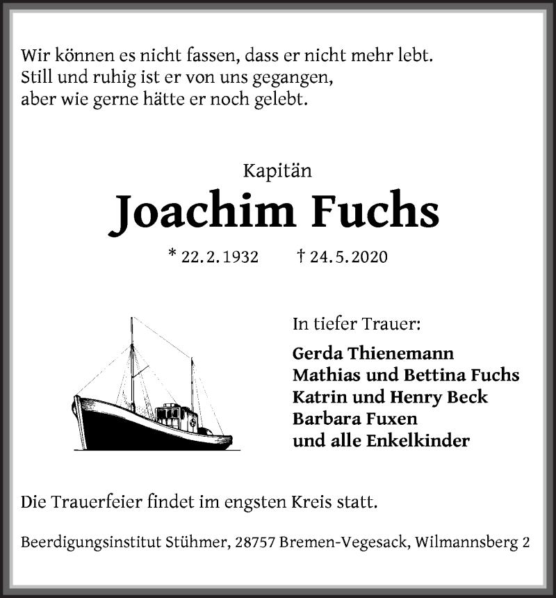Traueranzeige von Joachim Fuchs von WESER-KURIER