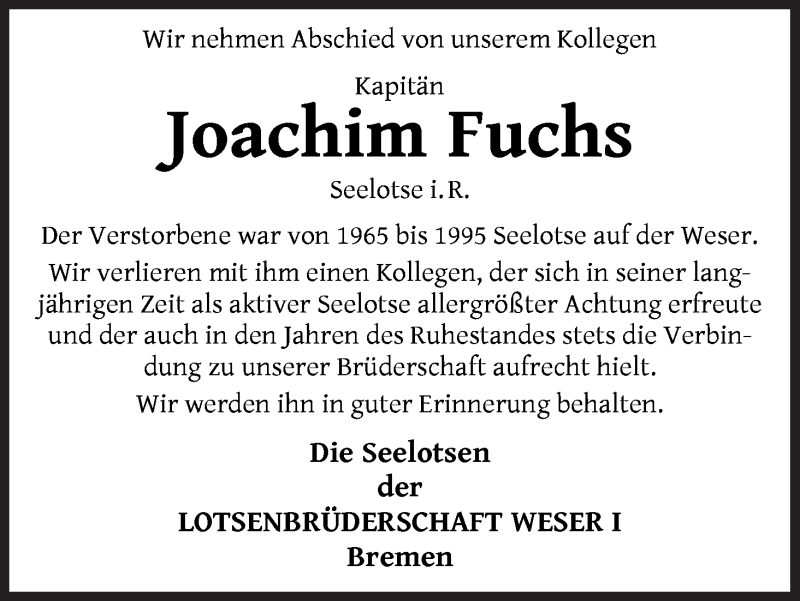 Traueranzeige von Joachim Fuchs von WESER-KURIER