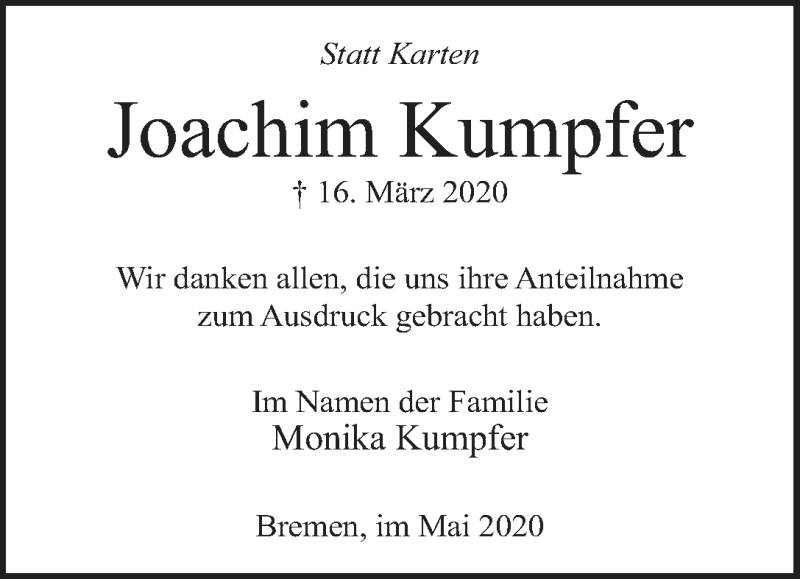 Traueranzeige von Joachim Kumpfer von WESER-KURIER