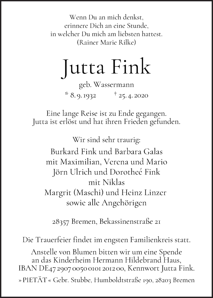 Traueranzeige von Jutta Fink von WESER-KURIER