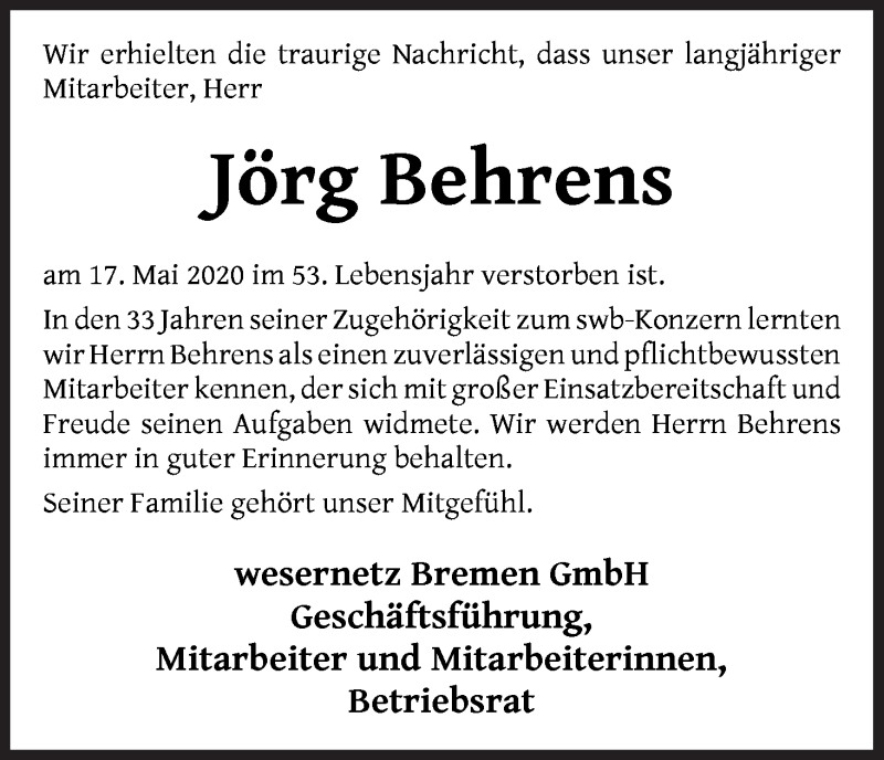 Traueranzeige von Jörg Behrens von WESER-KURIER