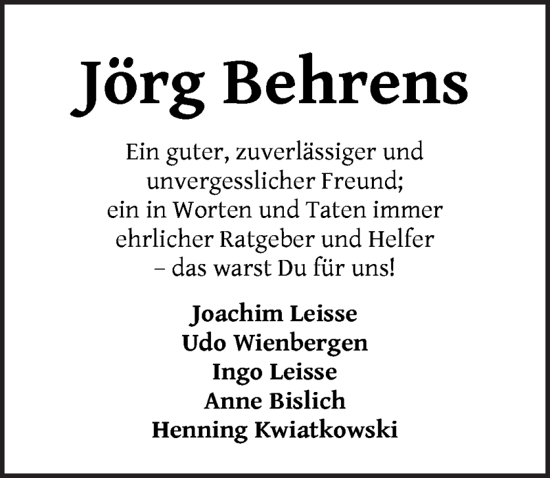 Traueranzeige von Jörg Behrens von WESER-KURIER