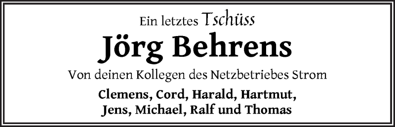 Traueranzeige von Jörg Behrens von WESER-KURIER
