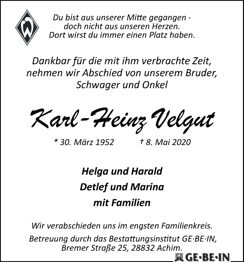 Traueranzeige von Karl-Heinz Velgut von WESER-KURIER