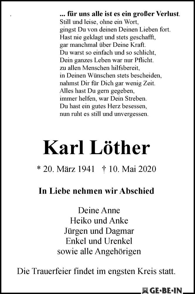 Traueranzeige von Karl Löther von WESER-KURIER