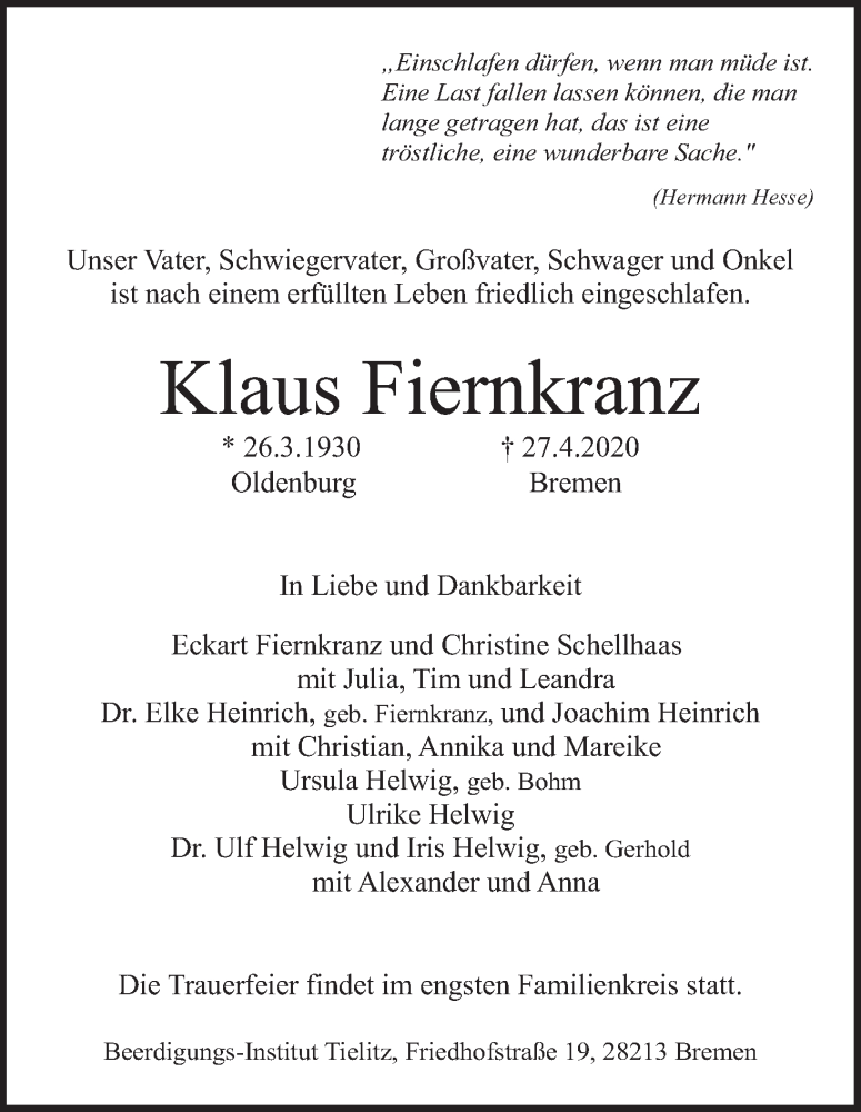 Traueranzeige von Klaus Fiernkranz von WESER-KURIER