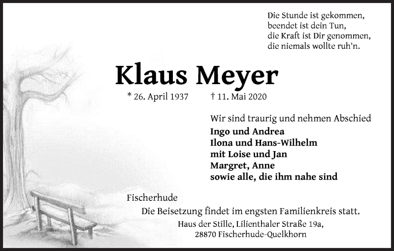 Traueranzeige von Klaus Meyer von Wuemme Zeitung