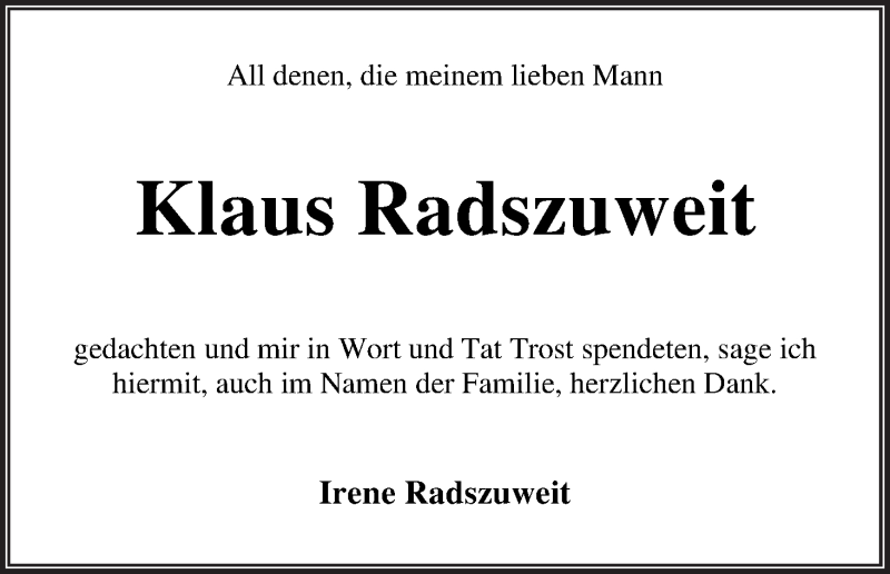 Traueranzeige von Klaus Radszuweit von Die Norddeutsche