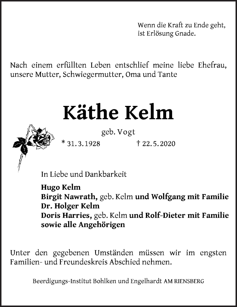 Traueranzeige von Käthe Kelm von WESER-KURIER