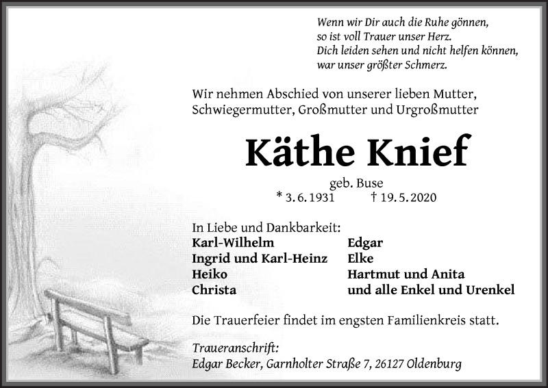 Traueranzeige von Käthe Knief von Die Norddeutsche