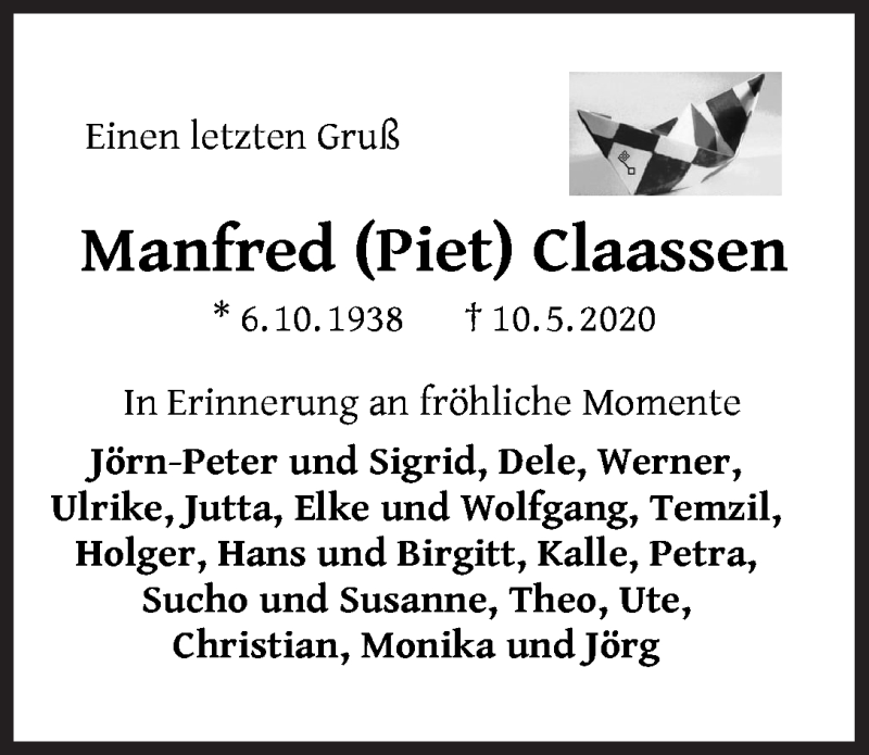 Traueranzeige von Manfred (Piet) Claassen von WESER-KURIER