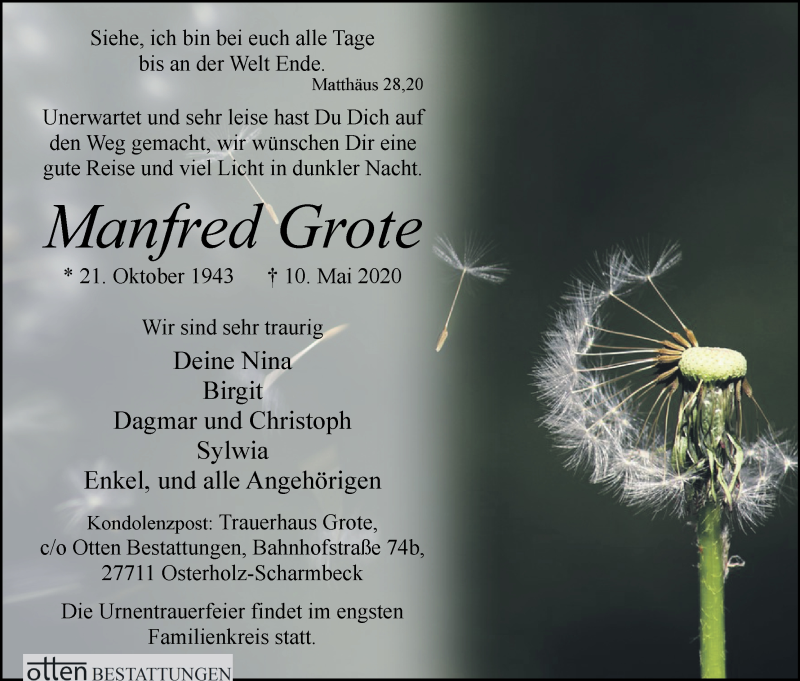 Traueranzeige von Manfred Grote von Osterholzer Kreisblatt