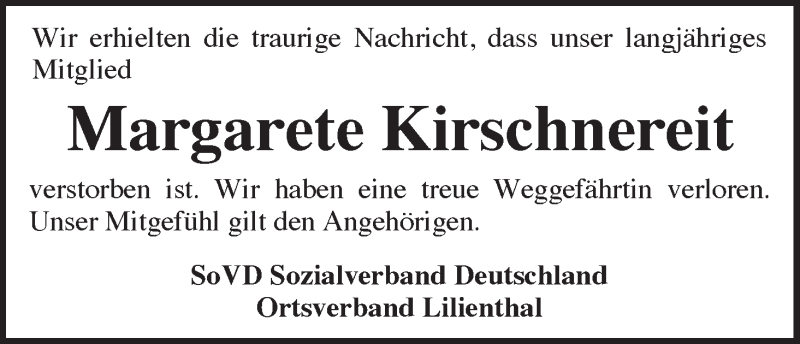 Traueranzeige von Margarete Kirschnereit von Wuemme Zeitung