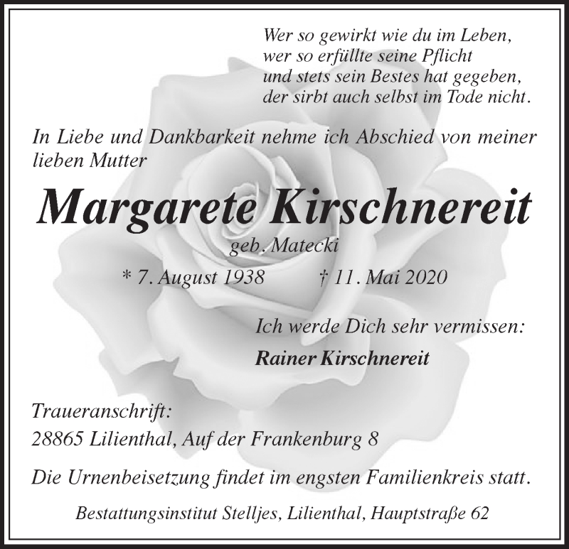 Traueranzeige von Margarete Kirschnereit von Wuemme Zeitung