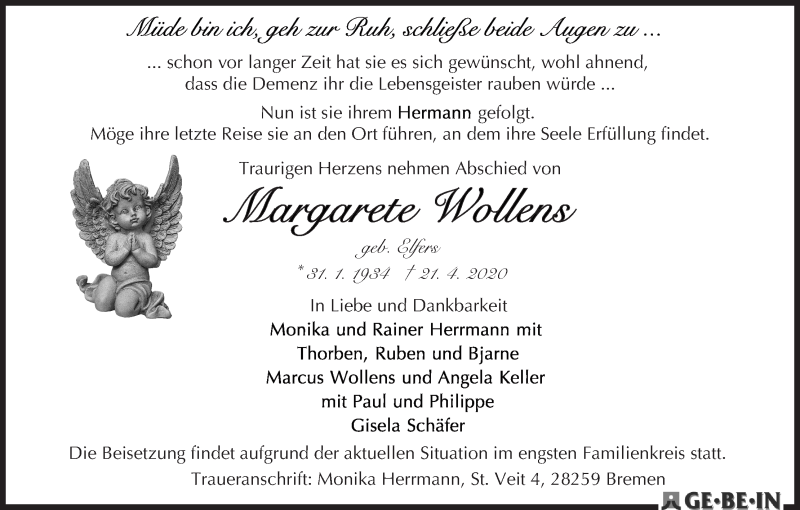 Traueranzeige von Margarete Wollens von WESER-KURIER