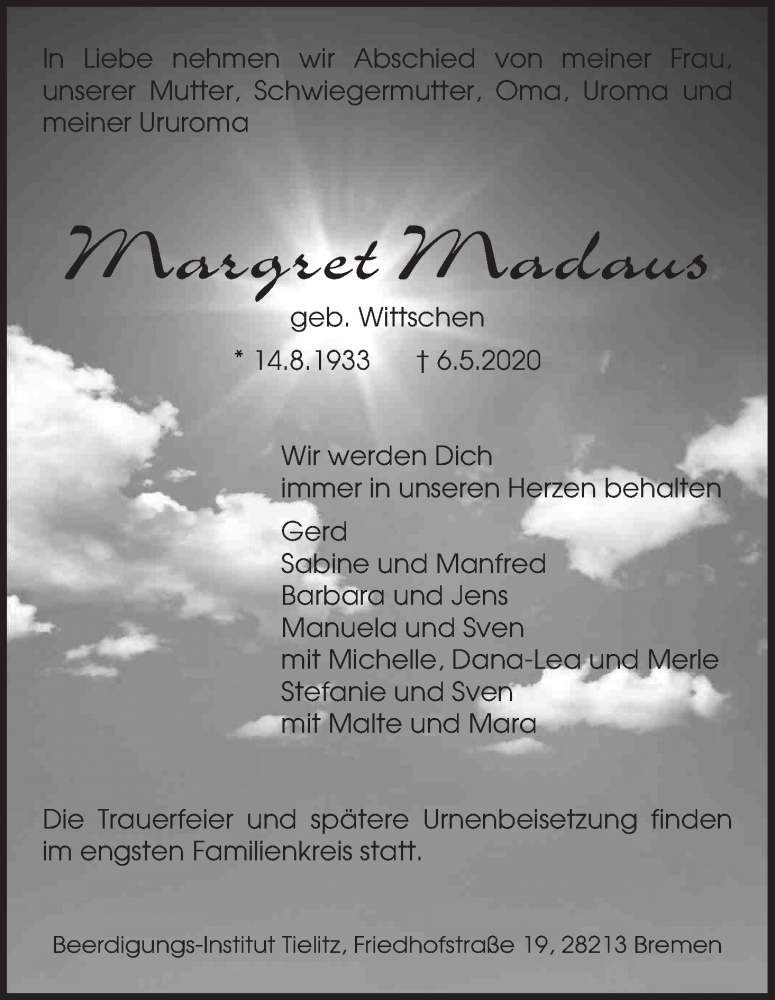 Traueranzeige von Margret Madaus von WESER-KURIER