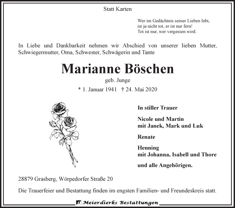 Traueranzeige von Marianne Böschen von Wuemme Zeitung