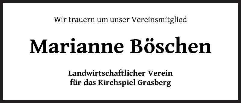 Traueranzeige von Marianne Böschen von Wuemme Zeitung