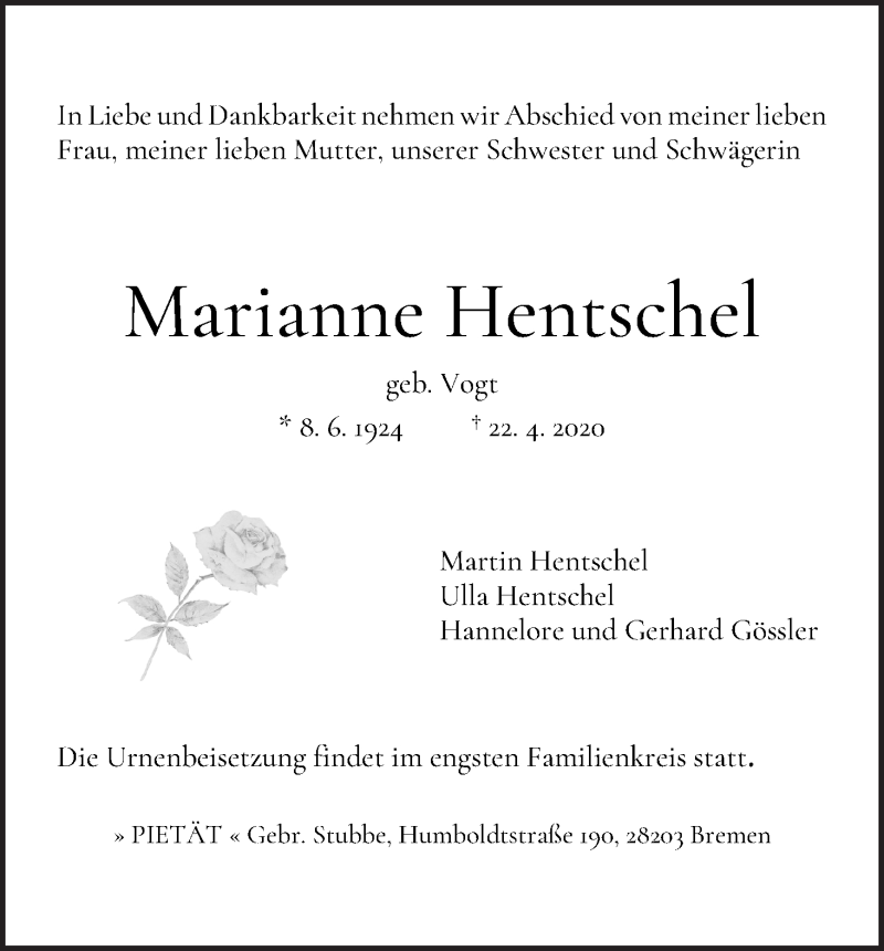 Traueranzeige von Marianne Hentschel von WESER-KURIER