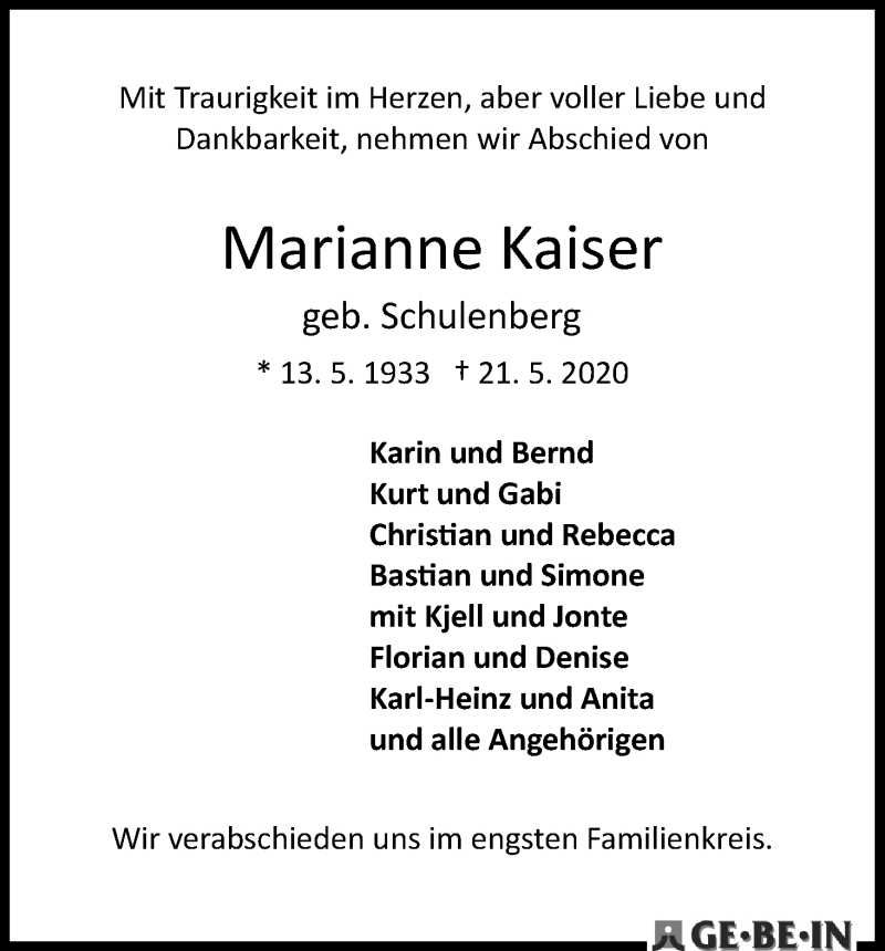Traueranzeige von Marianne Kaiser von WESER-KURIER