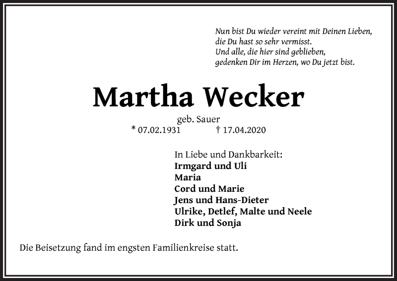 Traueranzeige von Martha Wecker von Die Norddeutsche