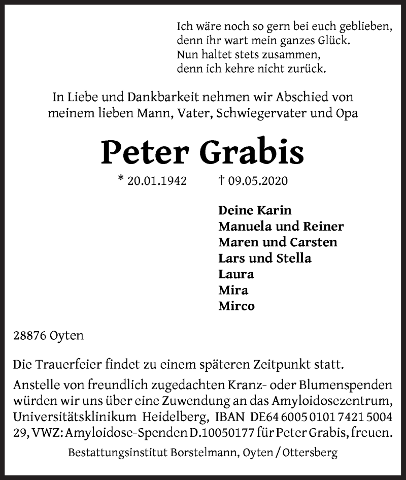 Traueranzeige von Peter Grabis von WESER-KURIER