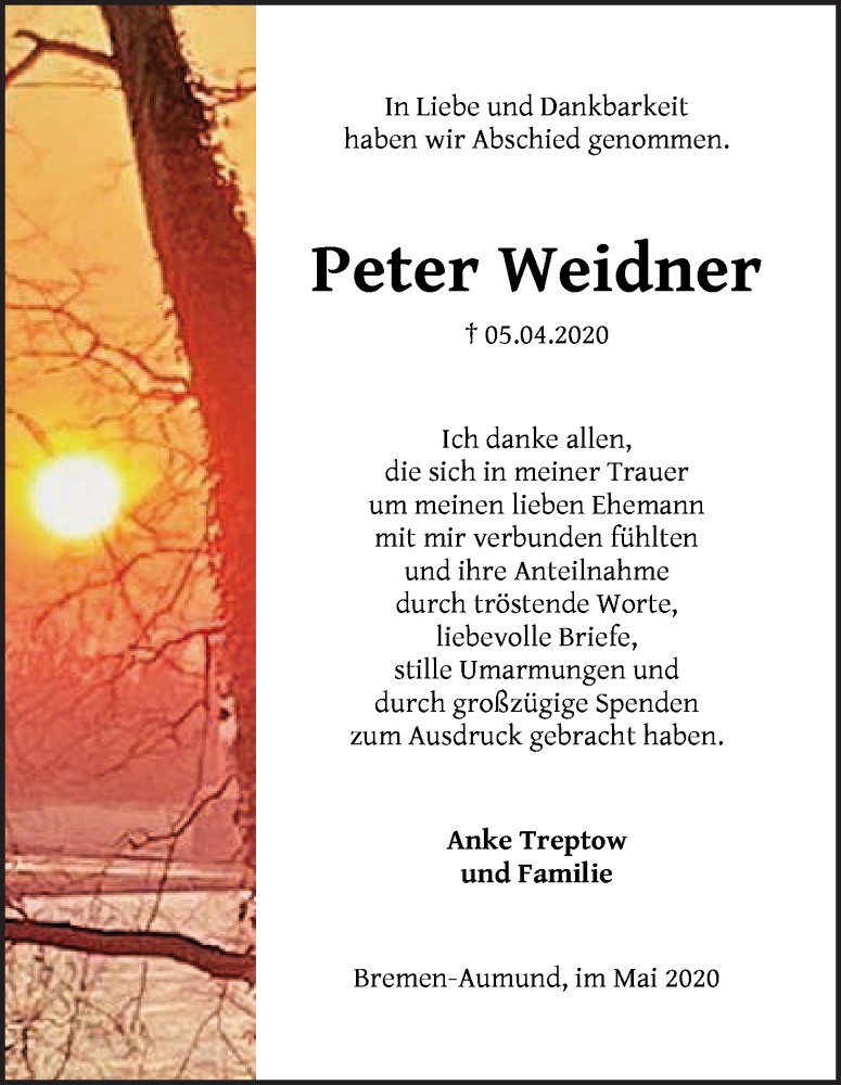 Traueranzeige von Peter Weidner von Die Norddeutsche