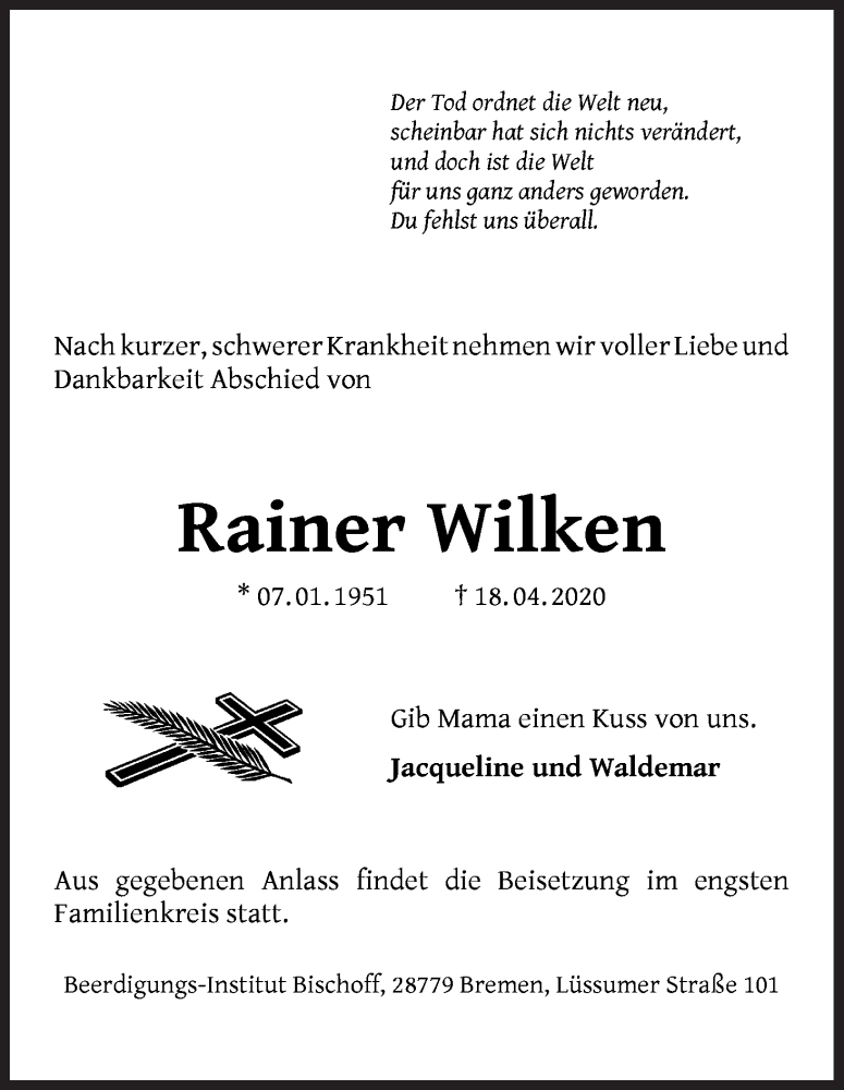 Traueranzeige von Rainer Wilken von Die Norddeutsche