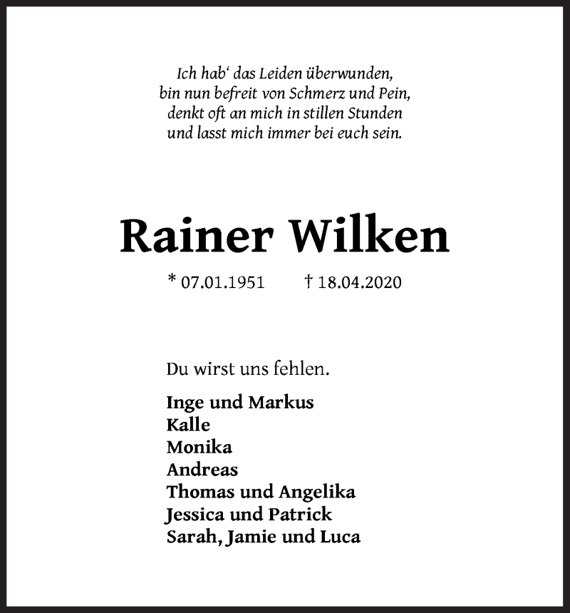 Traueranzeige von Rainer Wilken von Die Norddeutsche